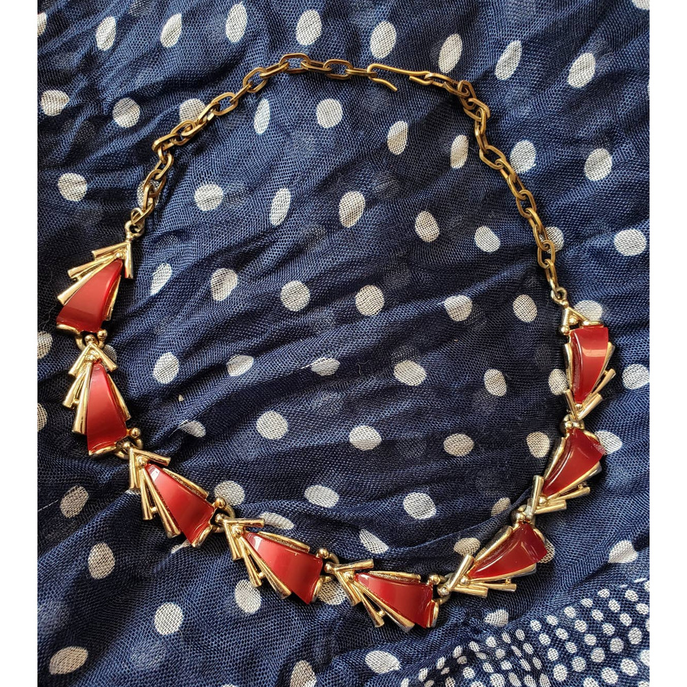 Vintage collar necklace gold w/red triangle cat's eye chain stamped ART